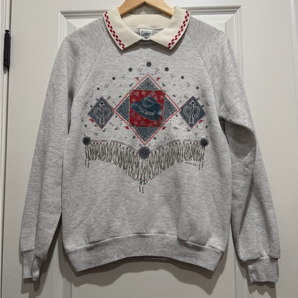 Vintage Western Collared‎ Grey Sweatshirt Cowboy size Medium Grandma Core